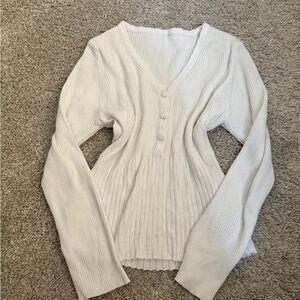 White Ribbed V-Neck Sweater